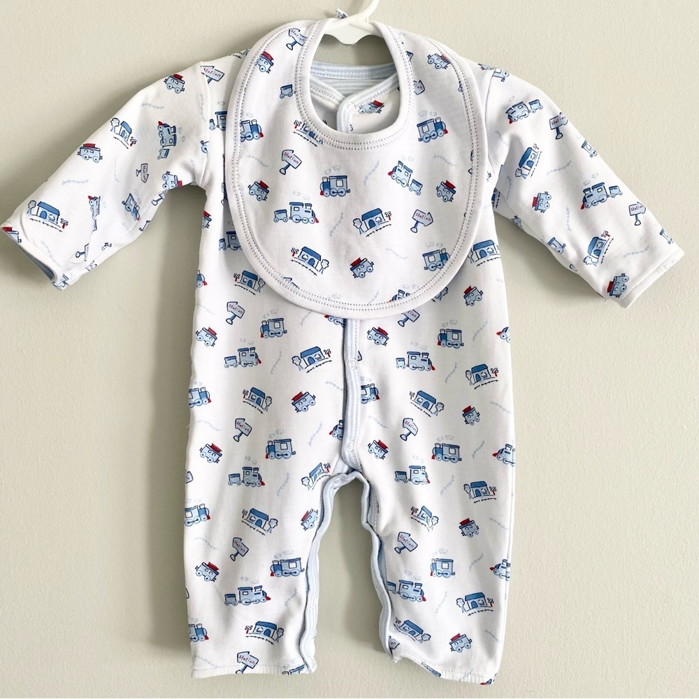 Baby Reversible Pima Cotton Train Print Outfit with Matching Bib